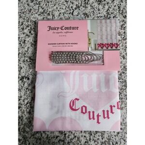 NWT JUICY COUTURE SHOWER CURTAIN WIT HOOKS 70 X 72 LOGO HEARTS WHITE PINK NEW